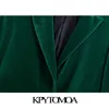 KPYTOMOA Kvinnor Mode Metall Knapp Velvet Green Blazer Coat Vintage Långärmad Flapfickor Kvinnlig Ytterkläder Chic Veste 220216