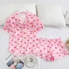 Moda verão pijama conjunto 2 peças pijamas curtos para meninas rosa lábios impressão sleepwear lounge desgaste cetim seda pjs casa 210809