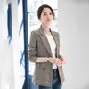 女性のブレザーの女性のジャケット高品質のカジュアルチェックレディーススーツエレガントな長袖コートオフィス210527