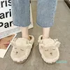 Tofflor pälsskor Vinterkvinna Slipper Cover Toe Luxury Slides Pantofle Flock Plush Designer 2021 Flat Massage Basic with Rubber Rom