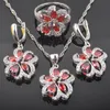 Earrings & Necklace St Red Garnet Flower Silver Color Jewelry Sets Women Wedding Zirconia Bracelet Pendant Ring QS0534