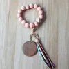 Mode Träpärlor Armband Craft Carved Keychain Blank Disc Tassel Keyring Pendant Multi-Color Bag Dekorativa nyckelringar