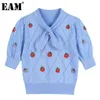 [EAM] Stickning Vit Broderi Sweater Loose Bow Neck Half Puff Sleeve Kvinnor Pullovers Fashion Spring Höst 1DD7833 21512