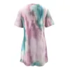 Moda solta camiseta vestidos mulheres primavera verão casual tie tintura botão de impressão para cima o pescoço de manga curta mini vestido senhoras 210526