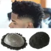 Kinky Lockigt Tunn Hud 6MM Man Afro Curl Hair Unit Svart Man Man Toupée Människohår Peruker PU Full Maskintillverkad