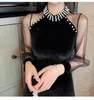 Elegant Mesh Patchwork Fluwelen Herfst Jurk Romantische Hoge Taille Lange Mouw Nail Bead Sexy Slanke Bodycon Midi Jurken 210514