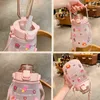 Cute Girls Water Bottle with Stickers Straw Big Belly Cup 1500ml Sports for Jug Children Female Kettle Strap 220208