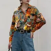 Mulheres retrô sunflower cópia camisa de pintura a óleo impressão design blusa menina solta lapela tops e blusas