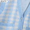Zevity Women Vintage V Neck Plaid Pattern Pockets Patch Casual Knitting Sweater Lady Chic Sleeveless Cardigan Vest Tops S649 210603