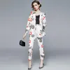 Kadın İki Parçalı Pantolon Pist Karikatür Baskı Kadın Pantolon Takım Elbise Casual Çentikli Blazer Ceket + Elastik Bel Cep Sonbahar Ofis Lady 2 Set