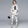 Women's Two Piece Pants Runway Cartoon Print Women Pant Suit Casual Notched Blazer Jacket+Elastic Waist Pocket Autumn Office Lady 2 Set