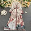 Automne bohème Maxi robe femmes hiver longues lanterne manches Floral Robes col en V grande taille Vintage imprimer longues robes 210419