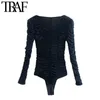 TRAF Women Fashion Pleated Tulle Snap-button Bodysuits Vintage Square Collar Long Sleeve Female Playsuits Chic Tops 210415