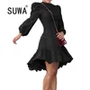Hösten Senaste Kvinnor Elegant Solid O-Neck Full Puffy Sleeves Mini Dress Fashion Skinny Hollow Out Klänningar med Ruffles 210525