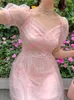 Vネックエレガントなビンテージドレス女性半袖シフォン韓国パーティービーチスイートシックな夏210519