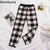 Nomikuma Spodnie kratowe Dzianiny Kobiety Vintage High Waist Proste Spodnie Kobiet Dorywczo Luźne Ciepłe Pantalones Długość kostki 3D232 210514