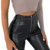 Kobiety Spodnie ołówkowe PU Skórzany Waist Zipper Fly Wzór Drukowane Skinny Plised Fashion Spodnie 210522