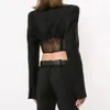 Gratis Patchwork Hollow Out Black Blazer för kvinnor V Neck Långärmad Lace Coats Kvinna Höst Mode Kläder 210524