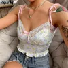 Pasek wiązanie Mesh Patckwork Floral Print Ruffles Lato Crop Tops Backless Harajuku V Neck Bow Camis Wrap Sexy Tops Streetwear 210415