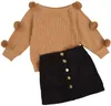 Roupas conjuntos de crianças criança criança menina menina outono roupas de inverno de inverno de manga comprida pompom malha camisa de camisola de botão superior saia 2pcs conjunto de roupas