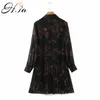 H.SA vrouw jurk herfst winter elegante zwarte bloemen vestidos lange mouw losse vintage jurken vrouwen kleding geplooide gewaad 210417