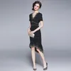 Retro wave dot puff sleeve fishtail skirt waist long V-neck dress summer high-quality women's clothing 210520