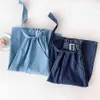 Vår sommar kvinnor koreanska stil blå hög knopp midja solskola knä längd midi kvinnlig denim kjol med bälte 210421