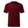 Men's T-Shirts Oversized T-shirt V-neck Vintage Lace-up Tie Short Sleeve Gothic Solid Color T Shirt For Men Pullover Tunics 2022