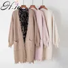 H.SA Mulheres Longa Camisola Casaco V Pescoço Casual Ponchos Ponchos Puff Manga Borla Tassel Knit Casaco Long Sweater Cardigans Primavera 210716