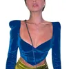 Women Crop Tops Velvet Solid Color Sweetheart-Neck Low-Cut Blue Long Sleeves Tight Camisole G220228