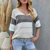 Sommar Kvinnor Stripe Kontrastfärg Patchwork Stickning T-shirt DEEP V Neck Half Sleeve Hollow Casual Loose Streetwear Beach Toppar 210608