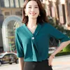 Chiffon V Neck Shirt Kvinnor Mode Sommar Gul Temperament Bow Tie High-End Half Sleeve Blusar Office Ladies Casual Arbeta Toppar 210604