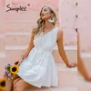 Ethnic style v-neck hollow out lace up Elegant retro sleeveless white Summer holiday woman short dress 210414