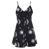 kvinnor klänningar lös v-hals ärmlös mini klänning svart sol måne stjärna utskrift elegant kvinnlig vår sommarklänning 210419