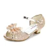 3-13 år Fashion Crystal Bow Princess High Heels Skor för Tjej Strand Barn Läder Sandaler Kids Summer Sequins