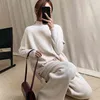 패션 슈트 여성 겨울 니트 터틀넥 풀오버 스웨터 + 조끼 니트 넓은 다리 바지 3pcs 옷 세트 210520