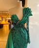 Green Dark Mermaid Prom Dresses with Long Sleeves One Shoulder Sequins Beading Custom Made Satin Plus Size Evening Party Gown Formal Wear Vestidos