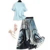 Fashion Summer Runway Suit Women Short Sleeve Knit Top and Midi Pleated Skirt 2 Piece Set Lady Outfits 210601