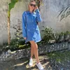 Женщины повседневные голубые весенние джинсовые платья High Street Colled Or воротник с длинным рукавом односмысленное платье моды винтажного пояса платье 210715