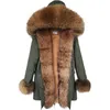 Parka de invierno cuello de piel real con capucha gruesa cálida forro de piel de conejo rex artificial chaqueta de abrigo de piel de lujo de moda 211018