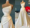 Bridal Gowns Sparkly Crystals Mermaid Pleated Wedding Dresses 2022 Dubai Saudi Longue Robes with Detachable Train De Soiree Vestidos De Novia