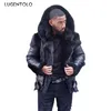 Lugentolo男性のフェイクレザージャケットフード付き冬の大きい毛皮の襟ジッパーのアウター着色厚いカジュアルコート