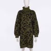 Леопардовый печать свитера платье женщины осень зима водолазка вязаный повседневный фонарный рукав старинные короткие негабаритные 210427