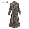 Fashion Leopard Print Shirt Dress Donna Una linea a maniche lunghe Sashes Turn Down Collar Office Ladies es Vestidos 210508