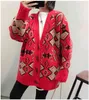 H.SA Spring Women Casual Sweater and Cardigans V neck Single Breasted Geometric Thick Warm Vintage Red Jumpers 210417