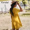 Foridol Polka Dot Szyfonowa Summer Sukienka V Neck Flare Rękaw żółty Krótki Boho Dress Casual Mini Dress 210415