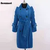 Nerazzurri Zima Długi Stylowy Niebieski Ciepły Gruby Puszysty Faux Futro Płaszcz Dla Kobiet Podwójne Breasted British Style Moda 211110