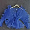 Sexig skjorta blus transparent pläterade ruffles peplum v nacke elastisk midja se genom toppar bluas stor storlek kvinnors mode fall 210416