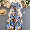 Singreiny Kobiety Francuski Drukuj Dress O Neck Krótki Rękaw A-Line Streetwear Dress Summer Elastyczna Ruched Beach Wakacje Długa Dress 210419