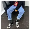 Workowate mężczyźni dżinsy marki spodnie młodzi chłopcy swobodny elastyczna talia usta szeroka noga długa retro streetwear hip hop Dropshipping 0214